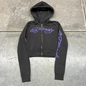 vintage ed hardy cross heart flower cropped zip up hoodie size xs WOMENS